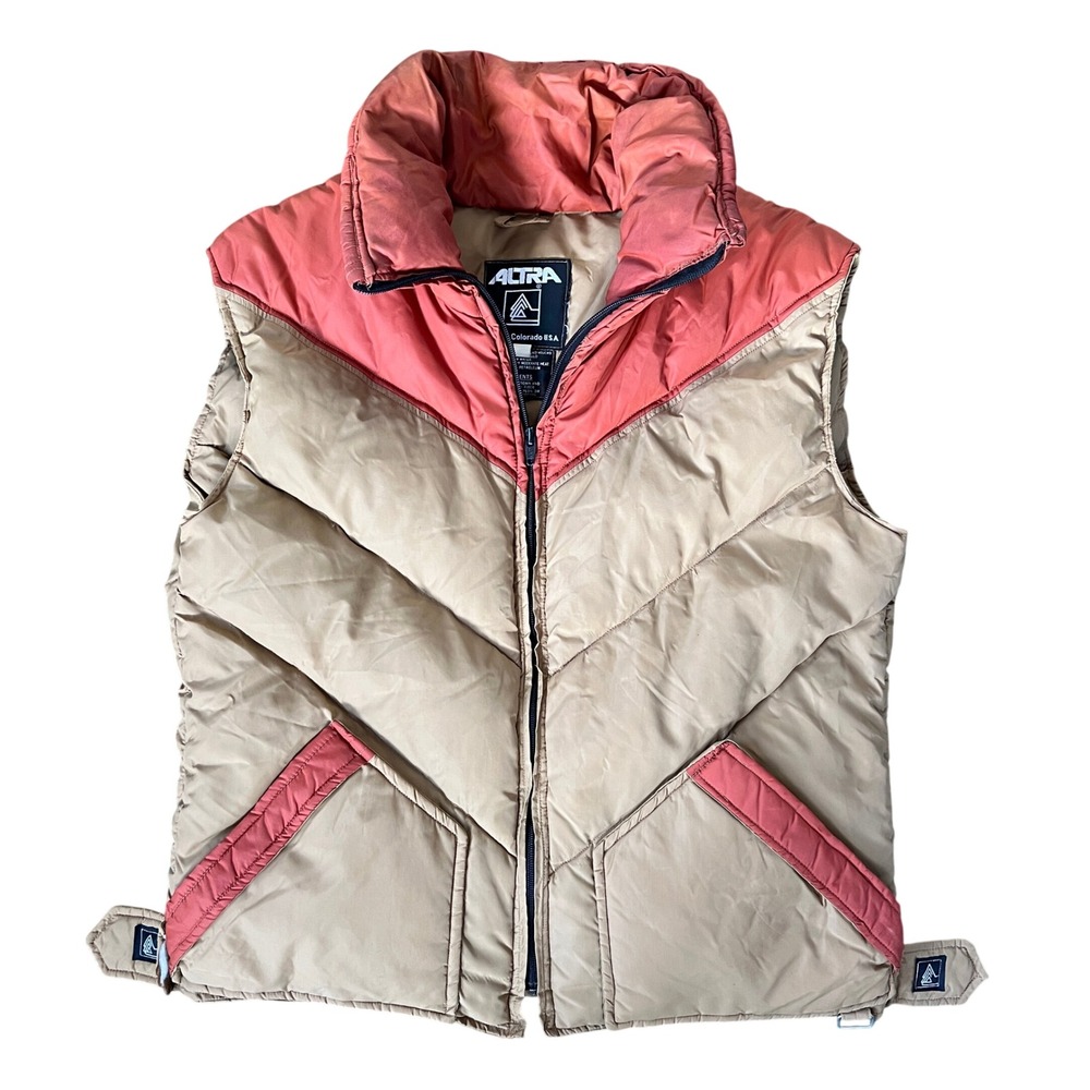 Vintage Altra Down Puffer Vest Retro 70s Mens S Tan Orange Chevron Outdoor USA